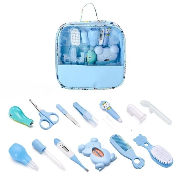 a blue case filled with toothbrushes and toothpaste